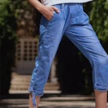 شلوارک دخترانه  لی کاغذی  کمر کش آبی دمپا بنددار